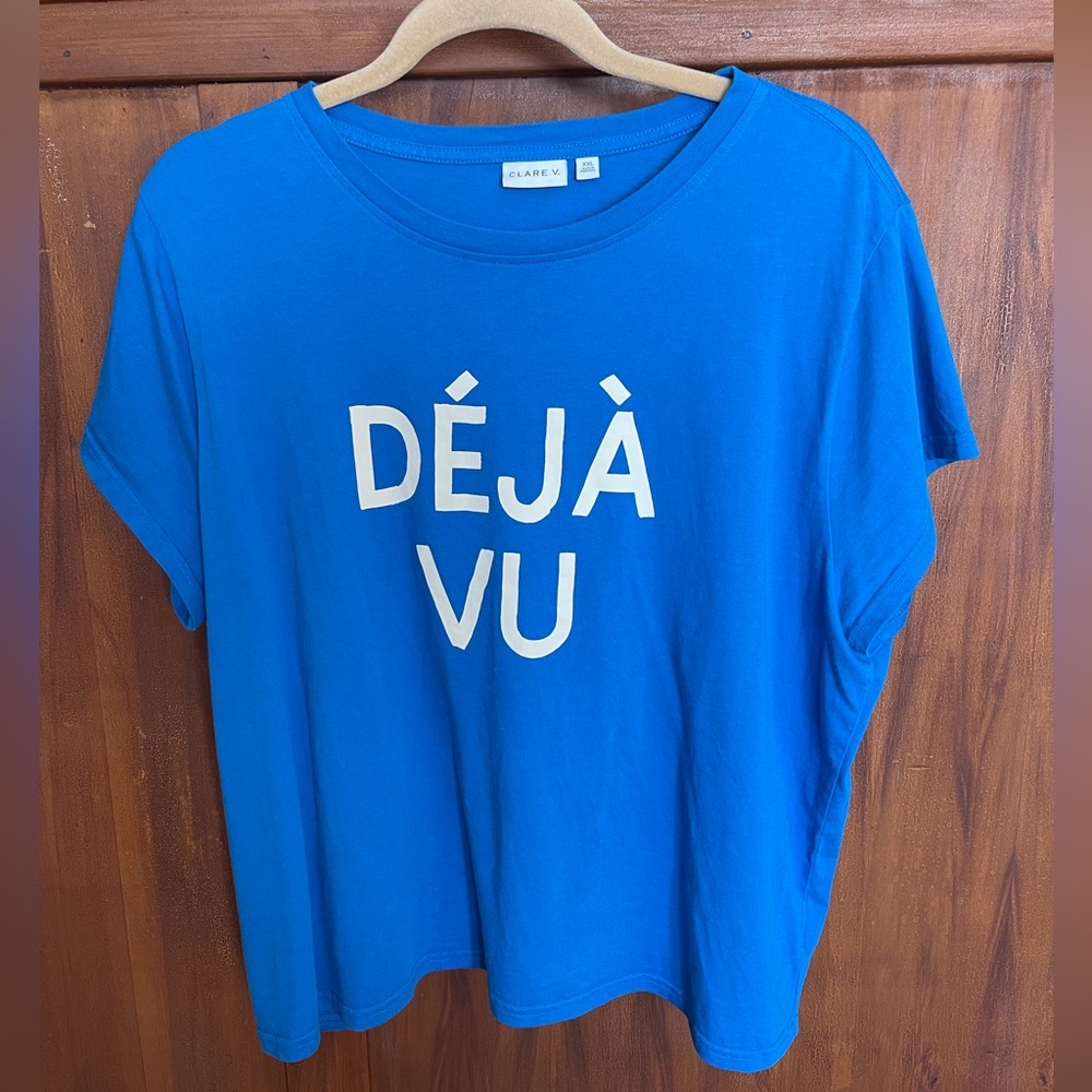Clare V Déjà Vu Graphic Short Sleeve Tee in Bright Blue, size XXL - Picture 3 of 5